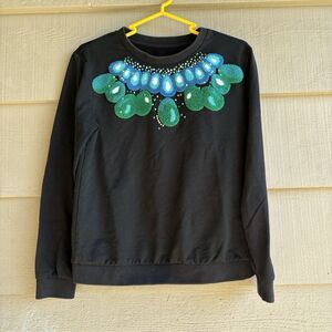 Ochirly Black Sweatshirt M Tufted Embroidery Gem Design Pullover